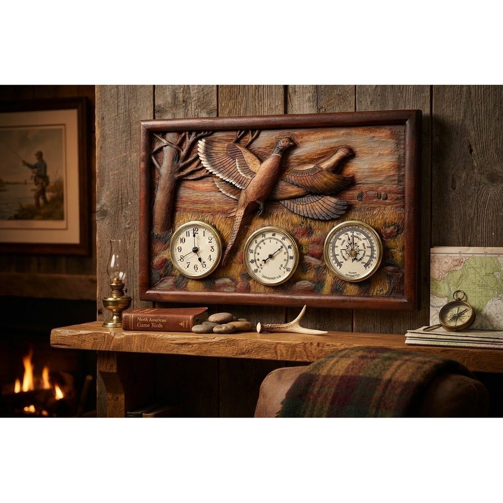 Bridger Trading Company Pheasant Wood Relief Weather Station Clock Barometer